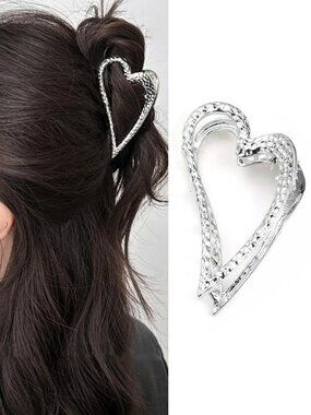 NEW Hair Clip Hollow Heart Design Hair Claw Clips Metal Silver Accessory Cute!